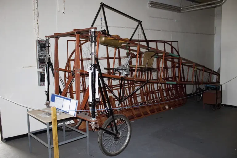A picture of our replica wooden Bleriot XI plane outside the Edith Cook display.