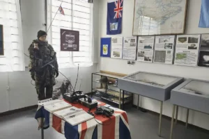 An image of the Falklands War display, inside our second exhibit area. With a selection of Clansman radios and updated display boards.