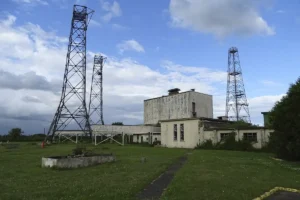 A view of all three communication towers along with some of the buildings on site, including the original World War 2 building.