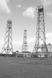 A view of all three communication towers along with some of the buildings on site.