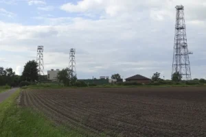 A view of the museum from the road showing all three communication towers along with some of the buildings.