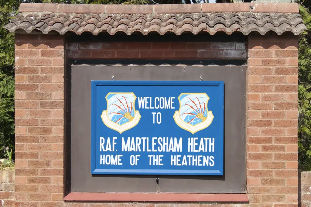 Welcome to Martlesham Heath Sign hanging at the entrance gate to the site.