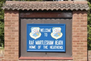 Welcome to Martlesham Heath Sign hanging at the entrance gate to the site.