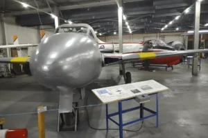 A picture of the nearly fully restored De Havilland Vampire with tail number XD506.