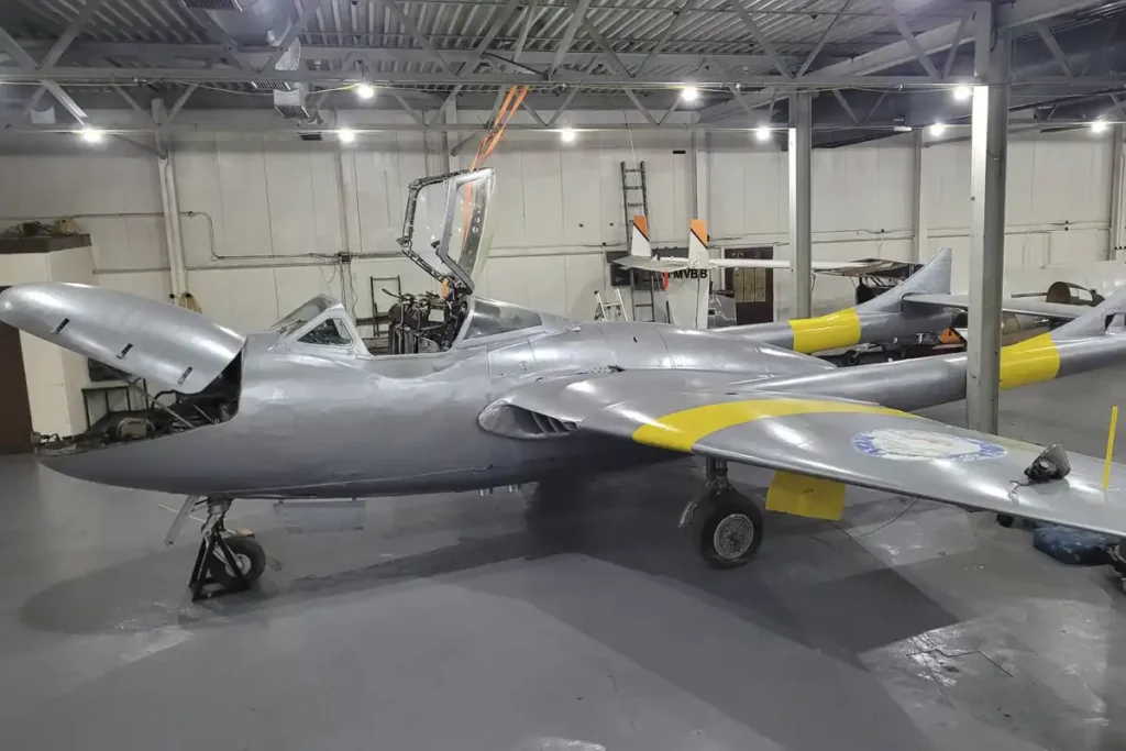 A sideways look of the nearly restored De Havilland Vampire before the decals have been placed.